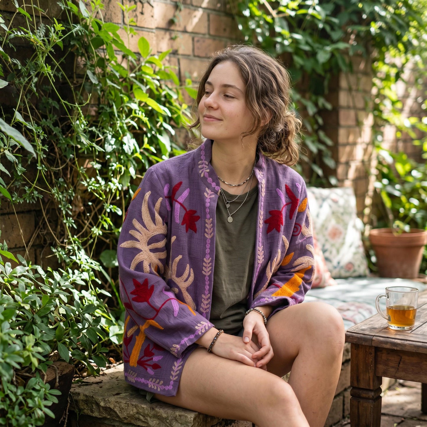 TNT cotton Suzani Leaves hand embroidered Jacket Free Size Purple