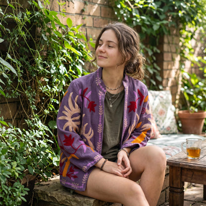 TNT cotton Suzani Leaves hand embroidered Jacket Free Size Purple