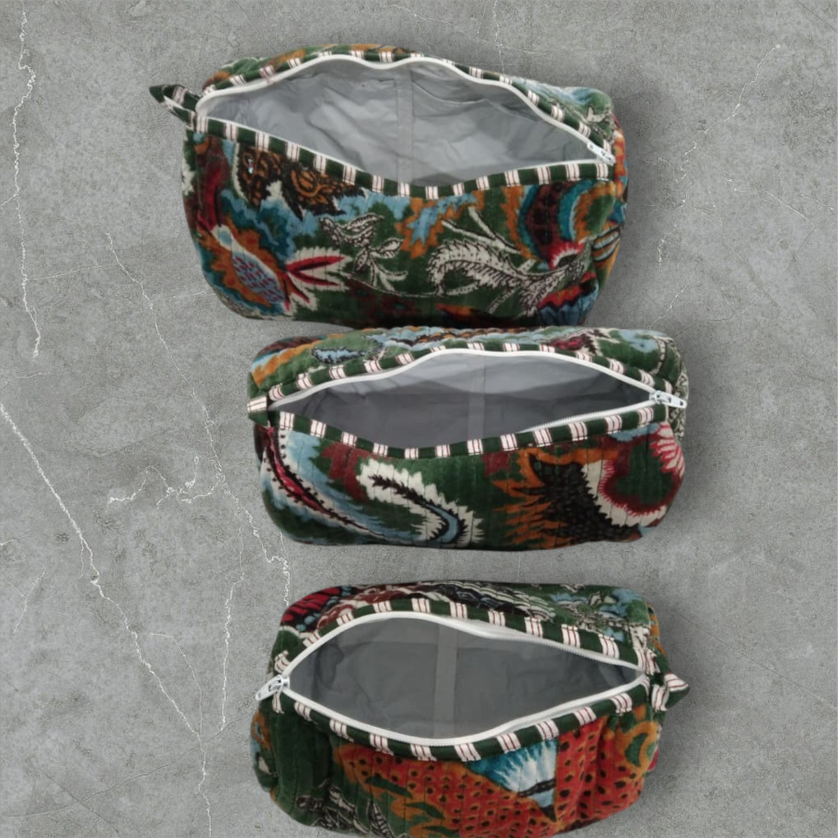 The Teal Thread set of 3 quilted cotton velvet vanity bags in wildflower green with waterproof lining and zip closure