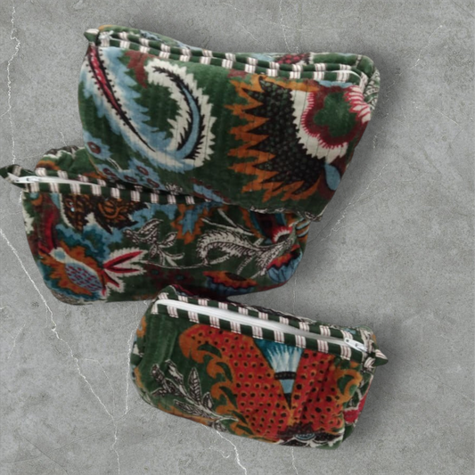 The Teal Thread set of 3 quilted cotton velvet vanity bags in wildflower green with waterproof lining and zipper
