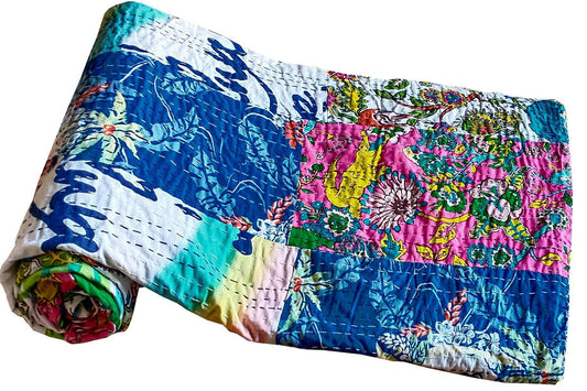 Aqua Patchwork Kantha Quilted King Bedcover - The Teal Thread