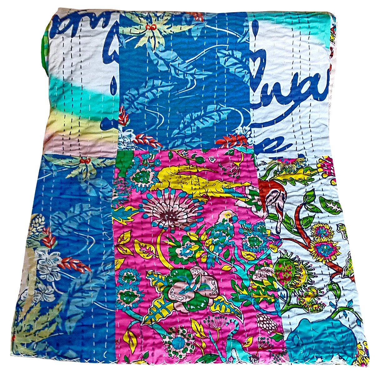 Aqua Patchwork Kantha Quilted King Bedcover - The Teal Thread