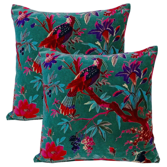 Birds of paradise Velvet Cushion Cover- Green - The Teal Thread