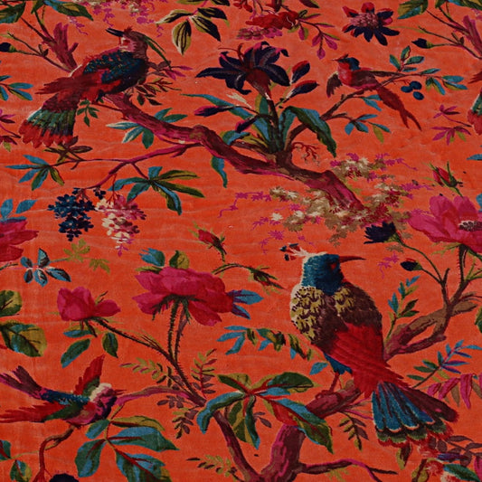 Velvet fabric for upholstery Paradise Print Orange - The Teal Thread