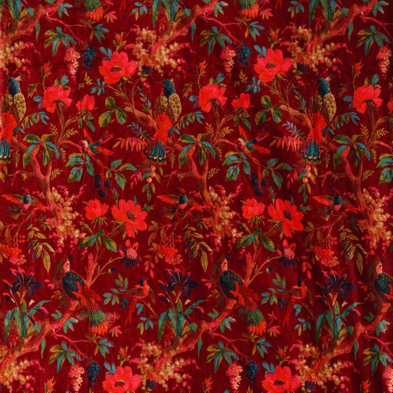 Velvet fabric Birds of Paradise for upholstery- Maroon - The Teal Thread