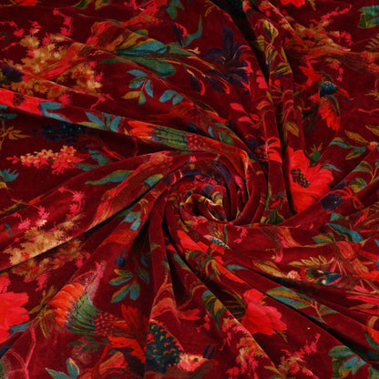 Velvet fabric Birds of Paradise for upholstery- Maroon - The Teal Thread