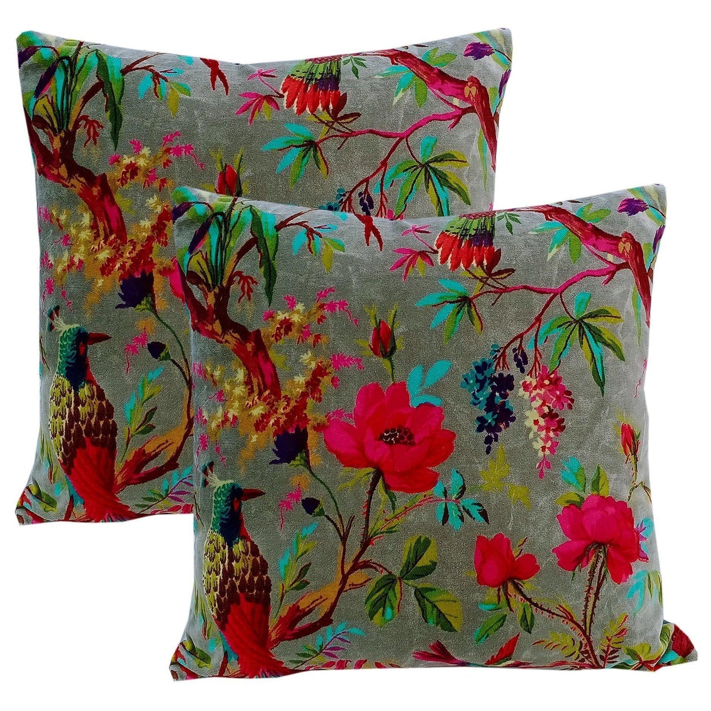 Birds of paradise velvet cushion cover- Grey - The Teal Thread