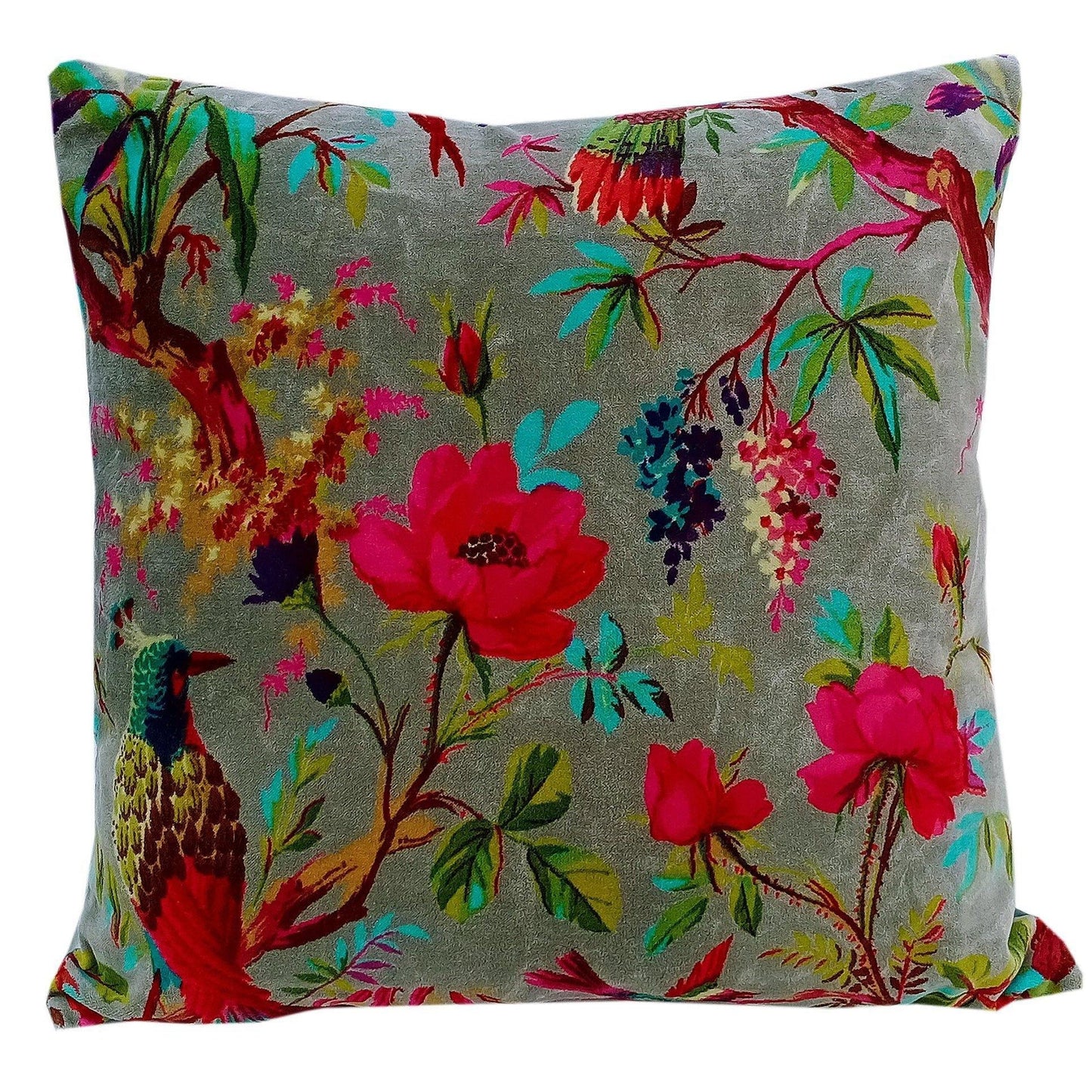 Birds of paradise velvet cushion cover- Grey - The Teal Thread