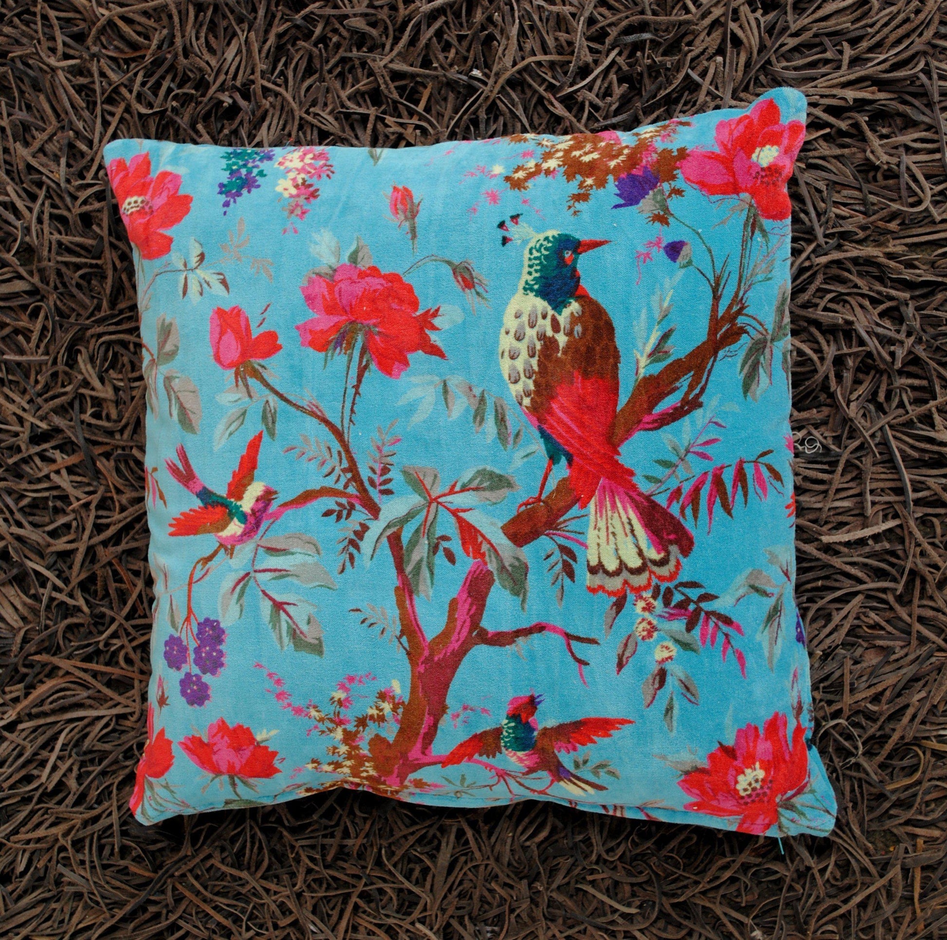 Birds of paradise Velvet Cushion Cover- Blue - The Teal Thread