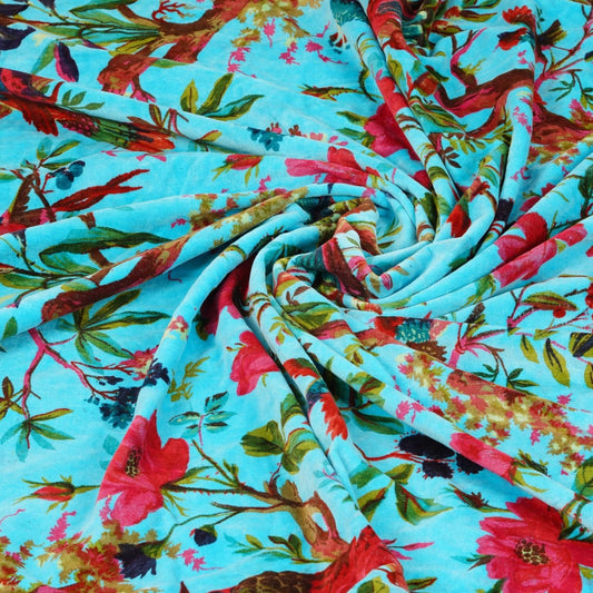 Birds of Paradise Velvet Fabric for Upholstery-Turqoise