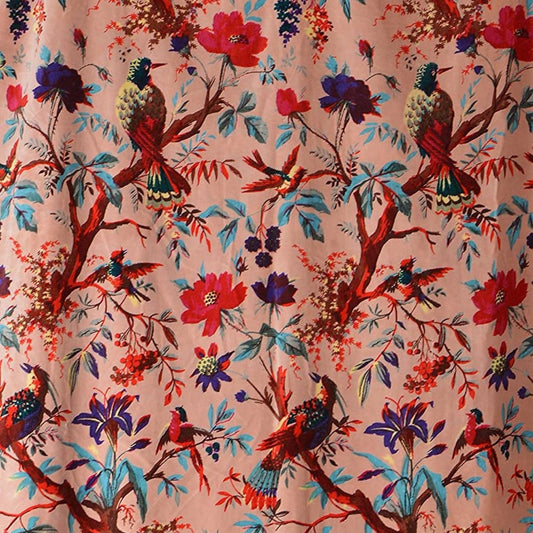 Velvet fabric Birds of Paradise for upholstery- Peach - The Teal Thread