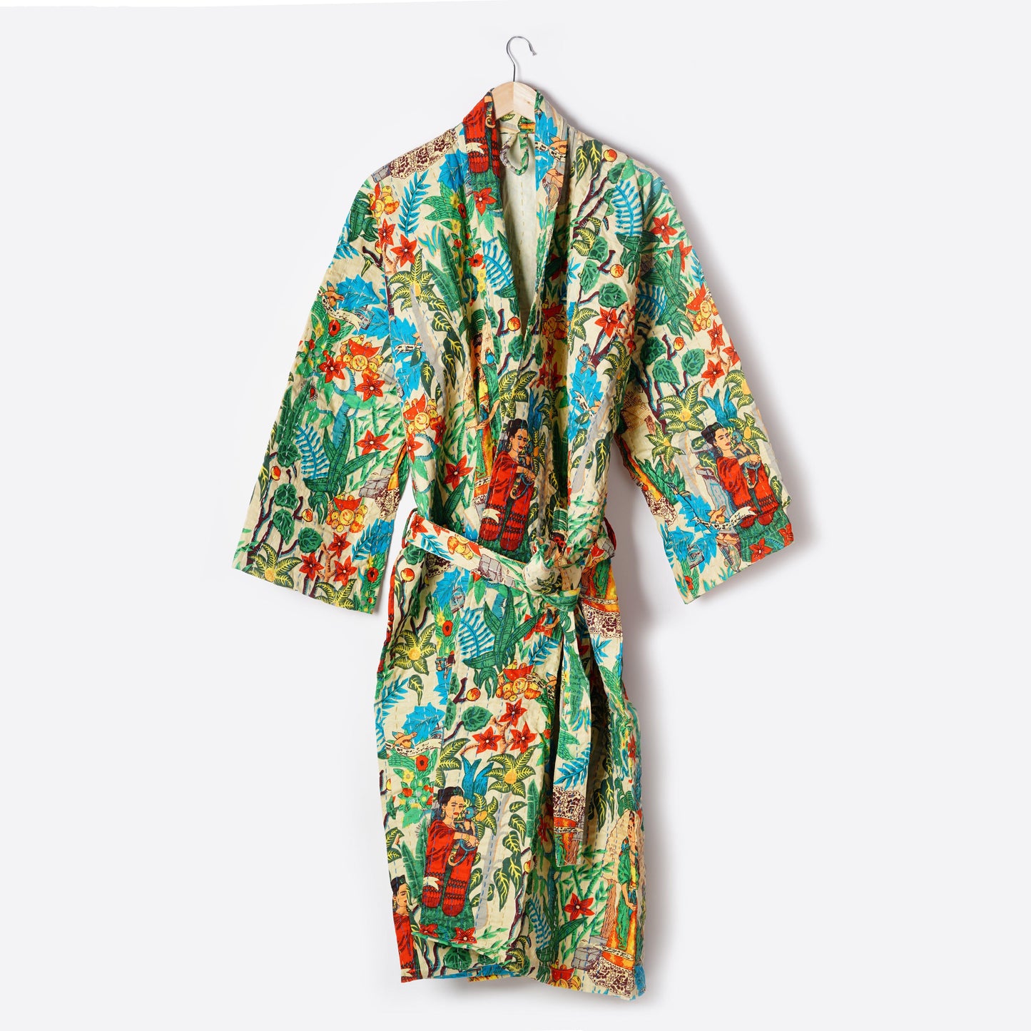 Frida Kahlo Kantha Quilted Kimono Bath Robes/ Night Suit -Beige - The Teal Thread