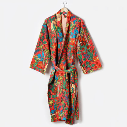 Frida Kahlo Kantha Quilted Kimono Bath Robes/ Night Suit -Red - The Teal Thread
