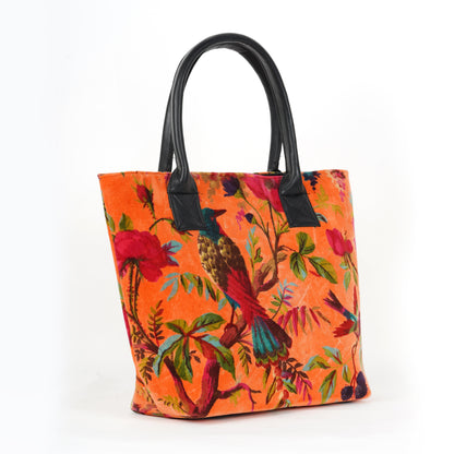 Birds of Paradise Velvet Hand Bag- Orange - The Teal Thread