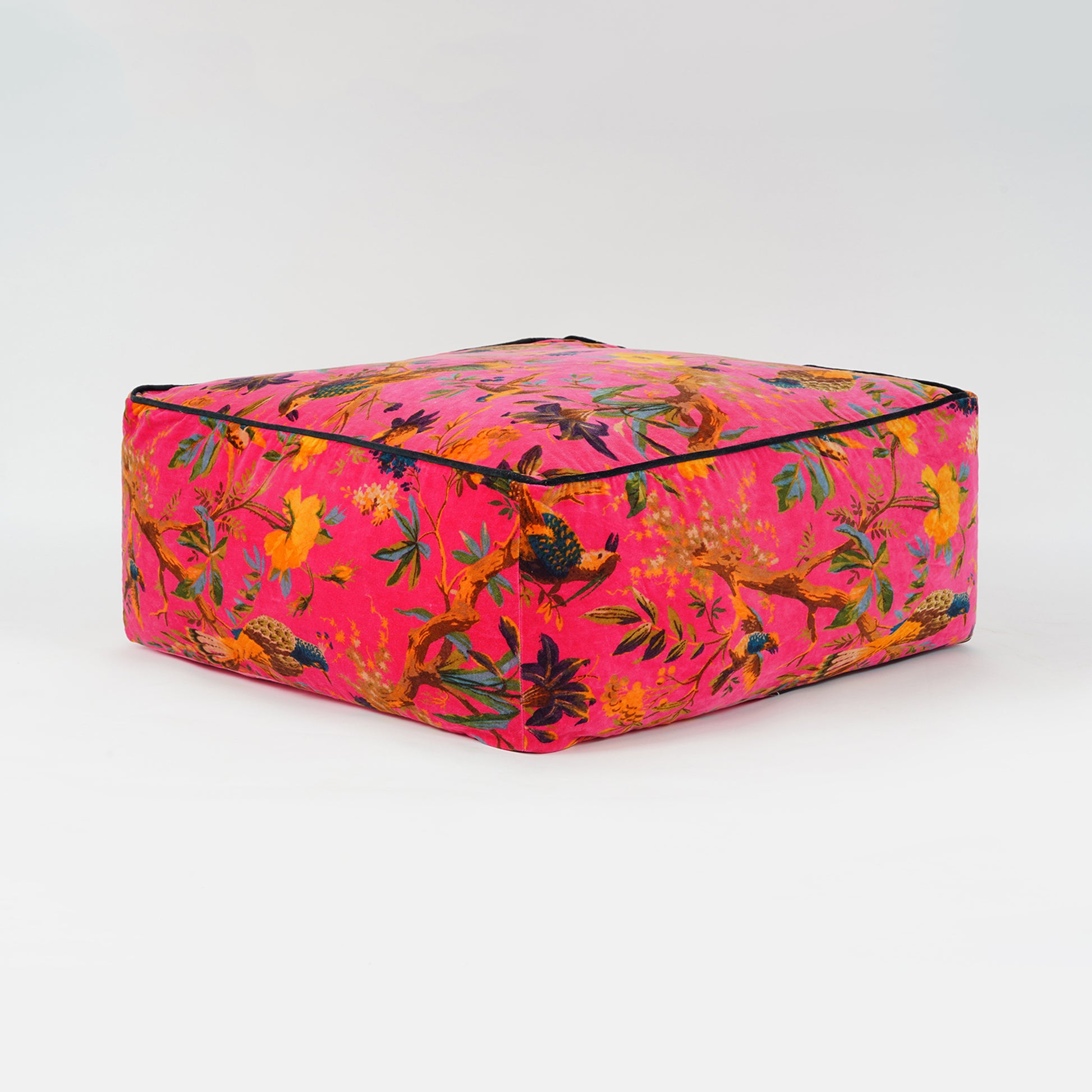 Birds of Paradise Velvet Square Ottoman / bean bag -Bright Pink - The Teal Thread