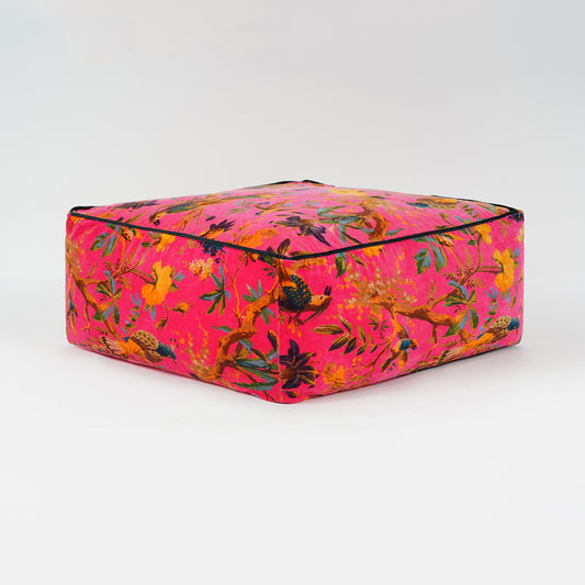 Birds of Paradise Velvet Square Ottoman / bean bag -Bright Pink - The Teal Thread
