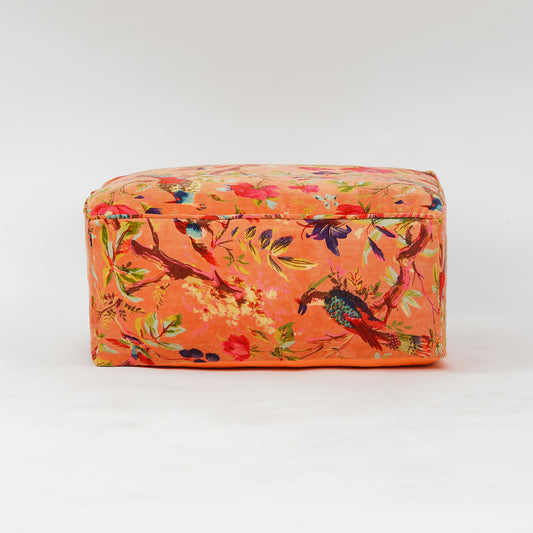 Birds of Paradise Velvet Square Ottoman / bean bag -Orange - The Teal Thread
