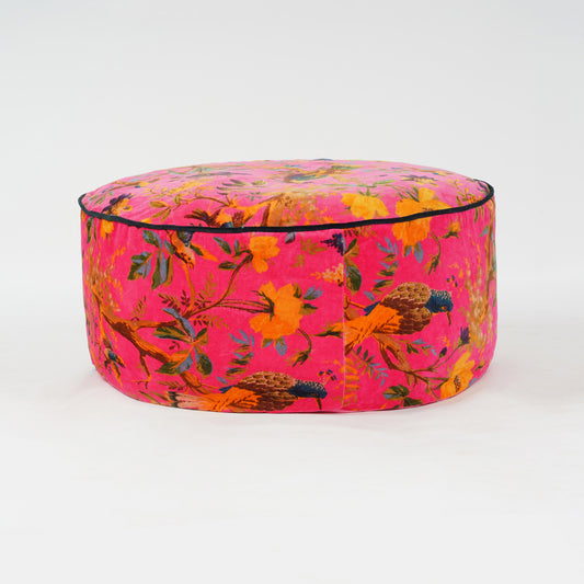Birds of Paradise Velvet Round Ottoman / bean bag -Bright Pink - The Teal Thread