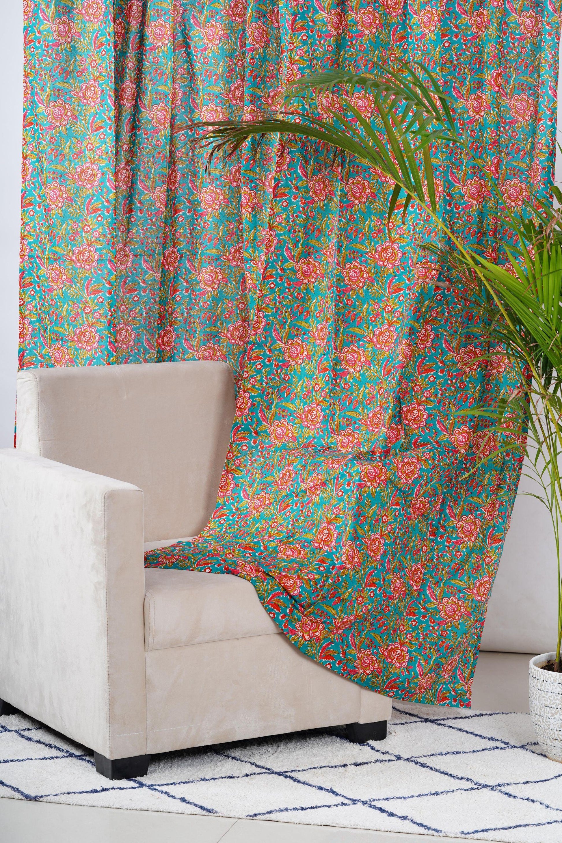 Teal and Pink Floral Curtain Pair - The Teal Thread