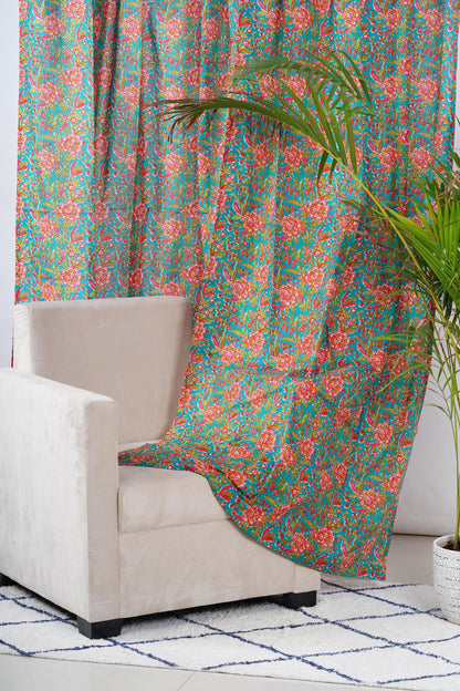 Teal and Pink Floral Curtain Pair - The Teal Thread