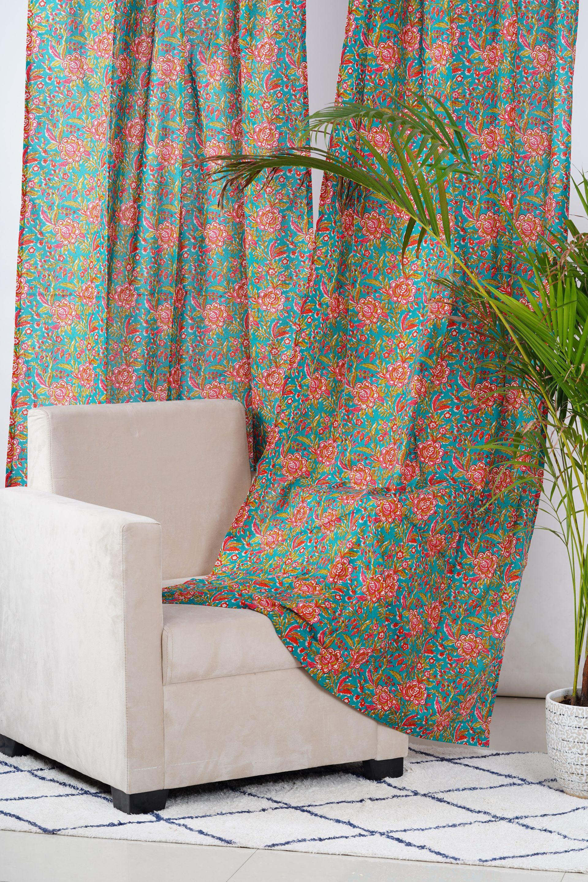 Teal and Pink Floral Curtain Pair - The Teal Thread