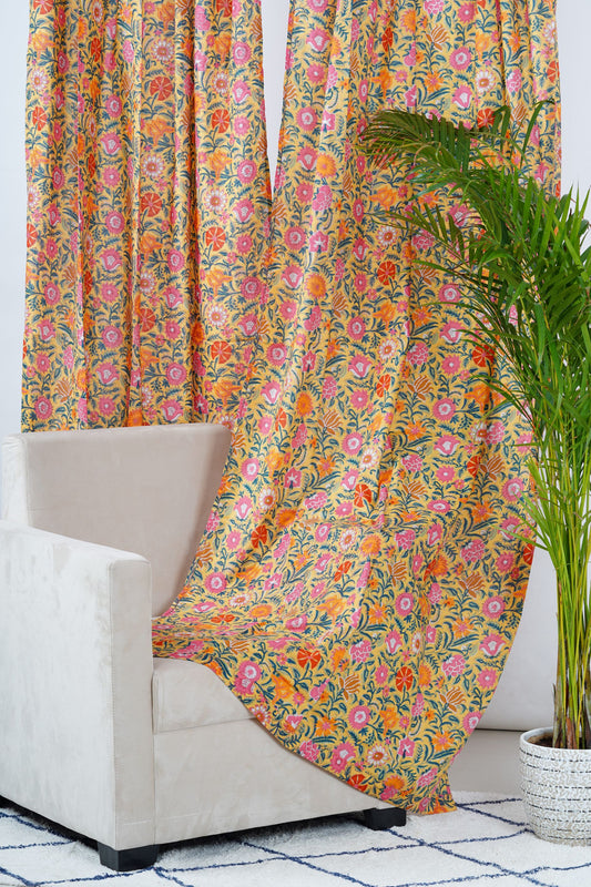 Yellow and Pink Floral Curtain Pair - The Teal Thread