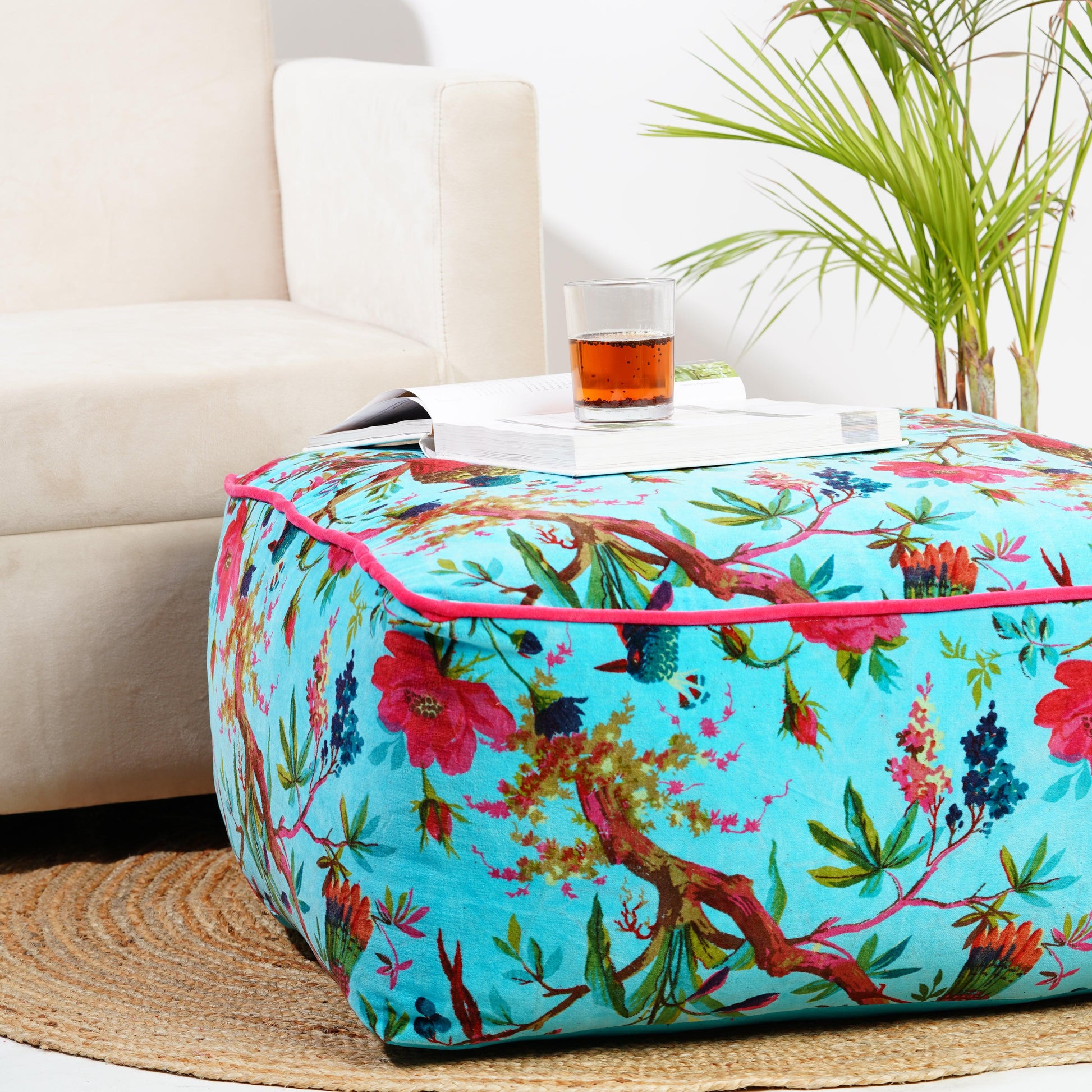 Birds of Paradise Velvet Square Ottoman bean bag -Turquoise Blue