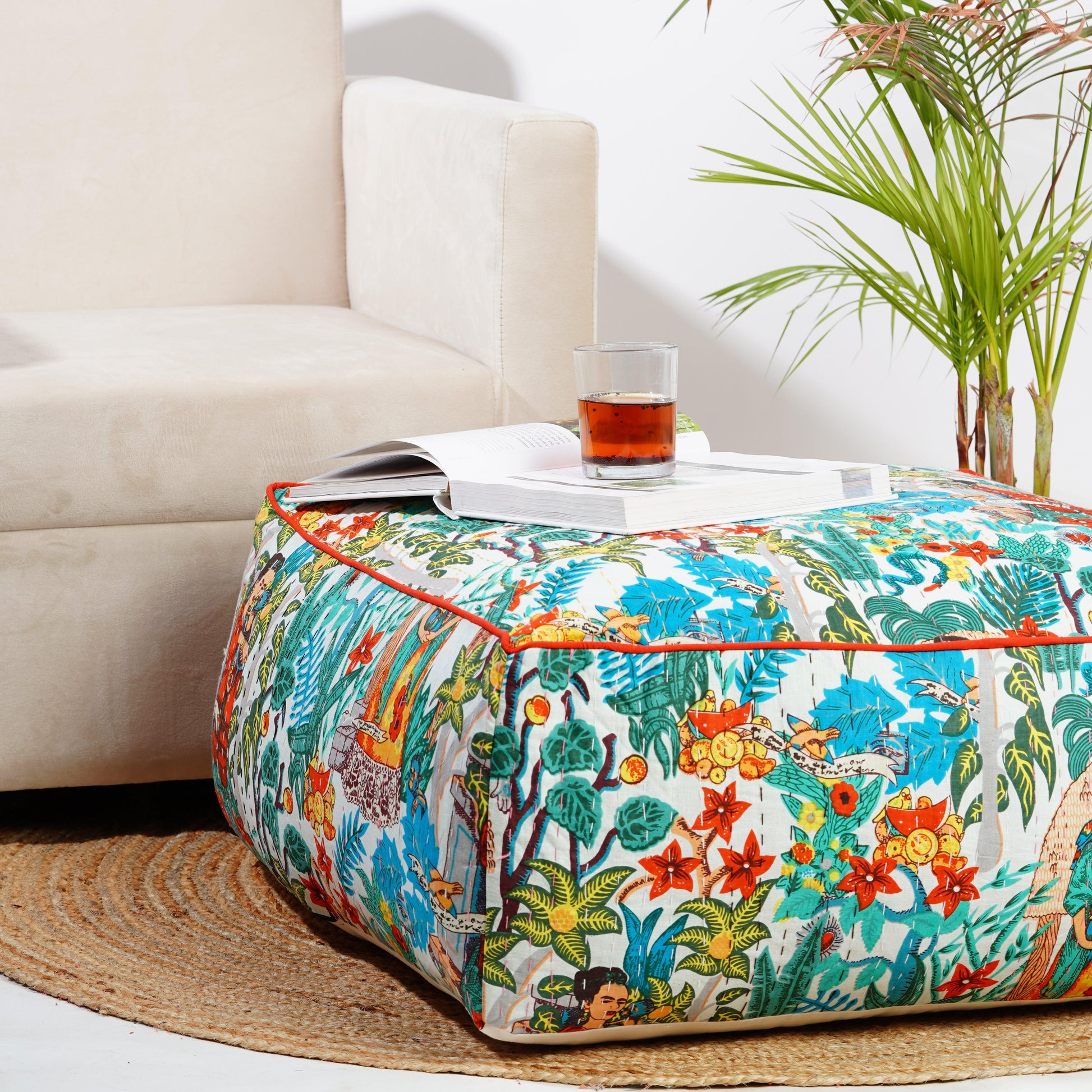 Frida Kahlo Kantha Square Ottoman bean bag White1