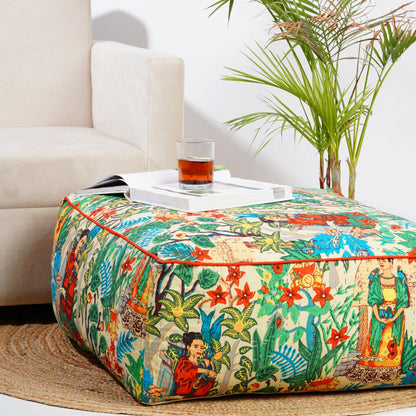 Frida Kahlo Kantha Square Ottoman bean bag -Beige