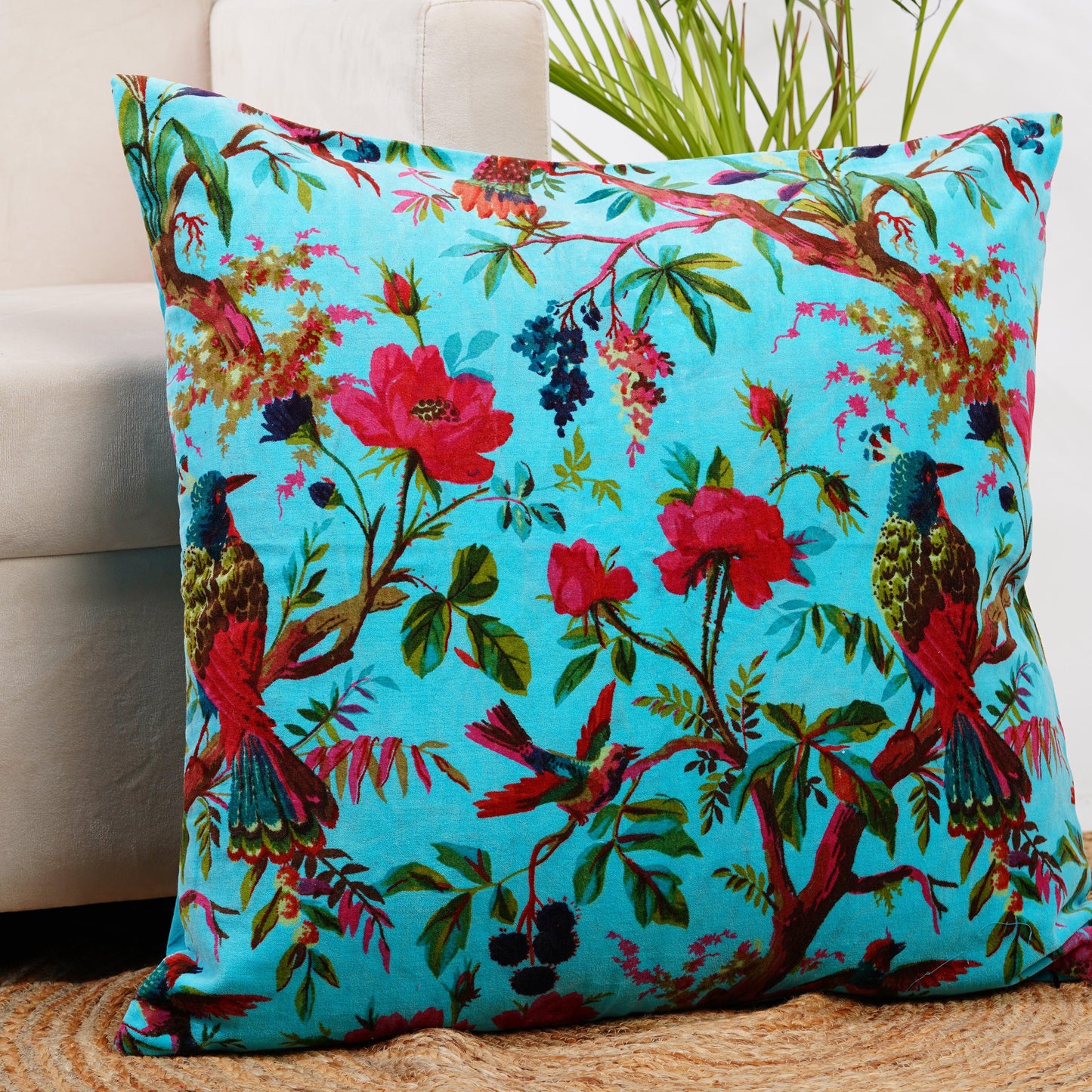 Birds of paradise Velvet Cushion Cover- Blue