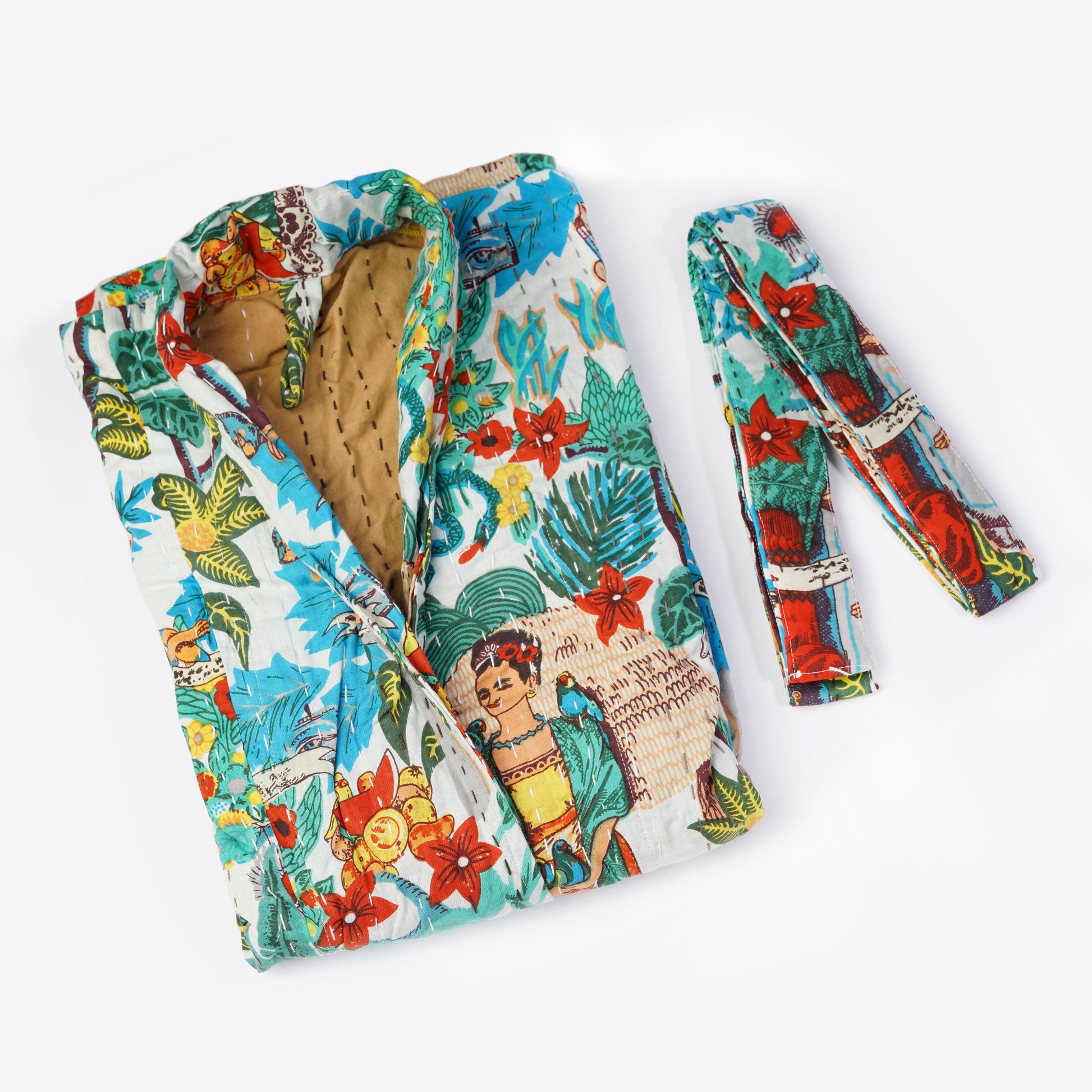 Frida Kahlo Kantha Quilted Kimono Bath Robes/ Night Suit -White - The Teal Thread