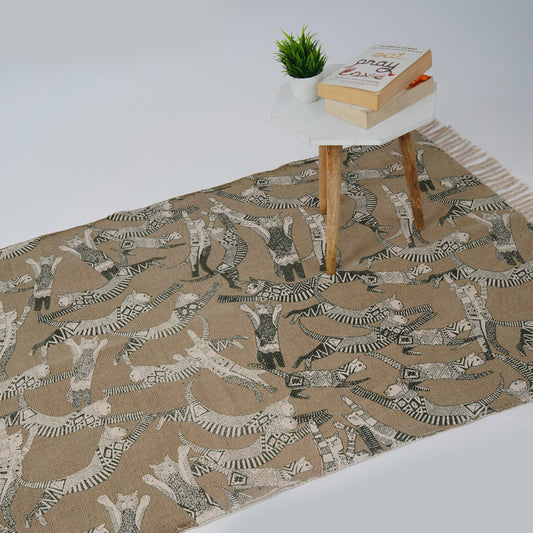 Cotton Area Rug Printed -Cat Party Mustard - The Teal Thread