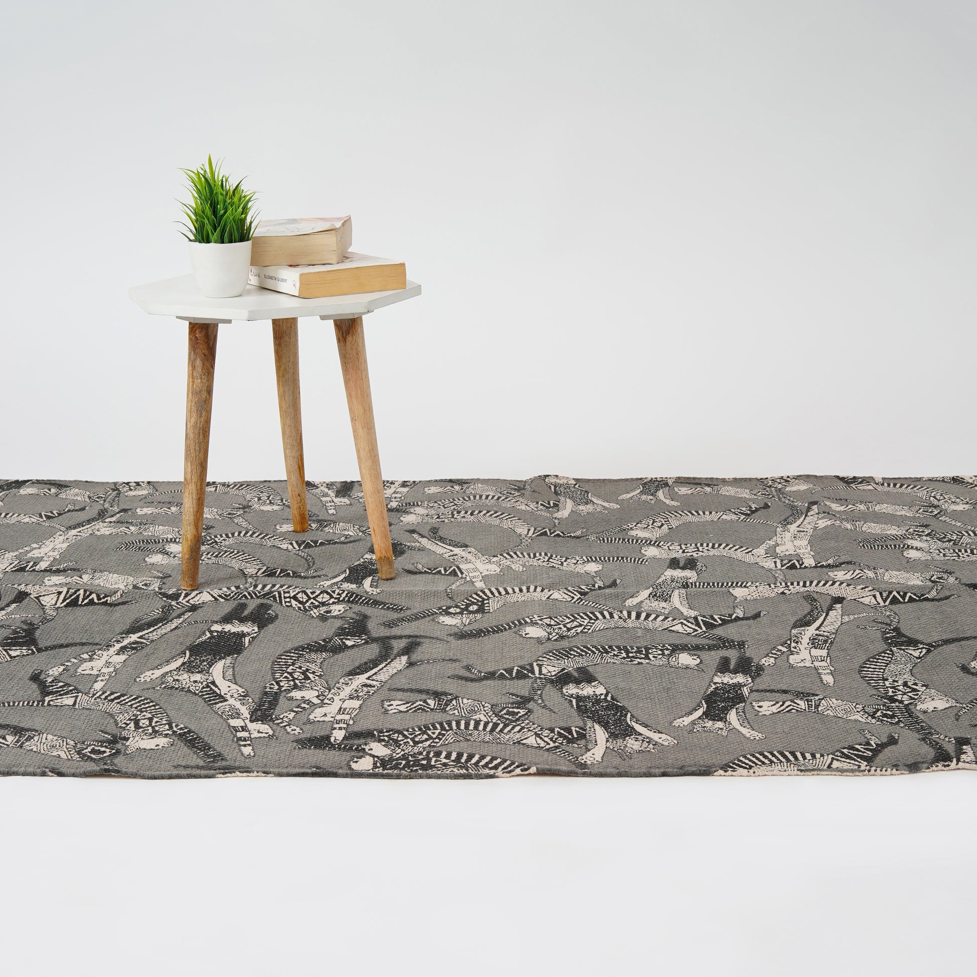 3 x 5 ft Cotton Area Rug Printed -Cat Party Charcoal - The Teal Thread