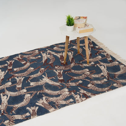 3 x 5 ft Cotton Area Rug Printed -Cat Party Navy - The Teal Thread
