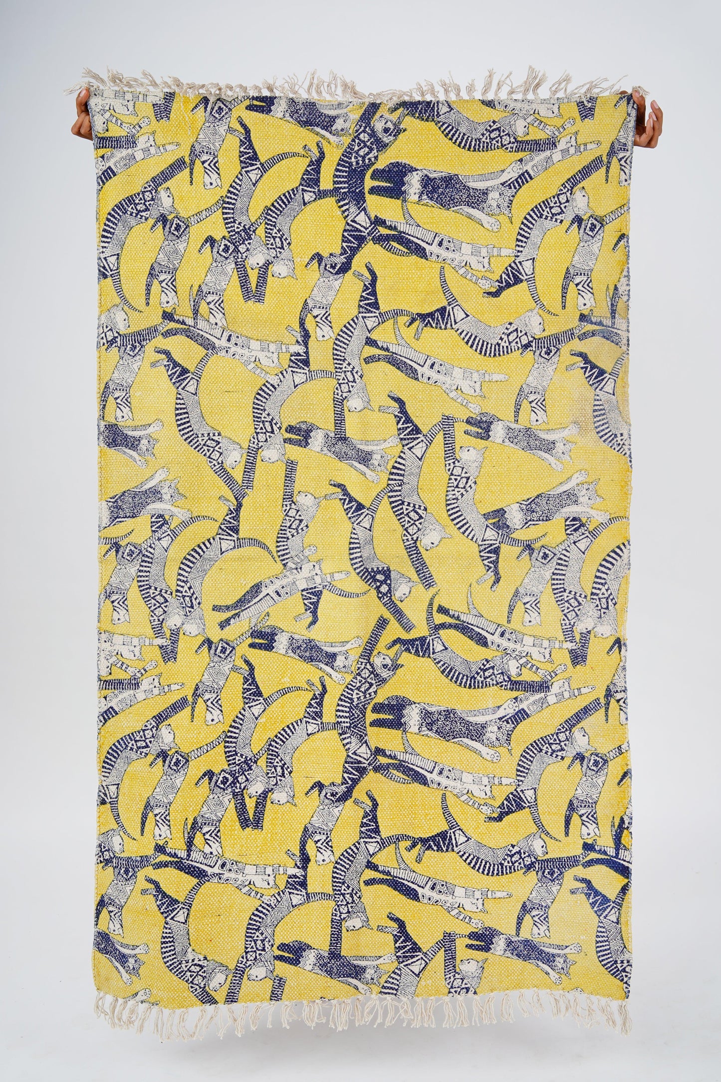 3 x 5 ft Cotton Area Rug Printed -Cat Party Yellow - The Teal Thread