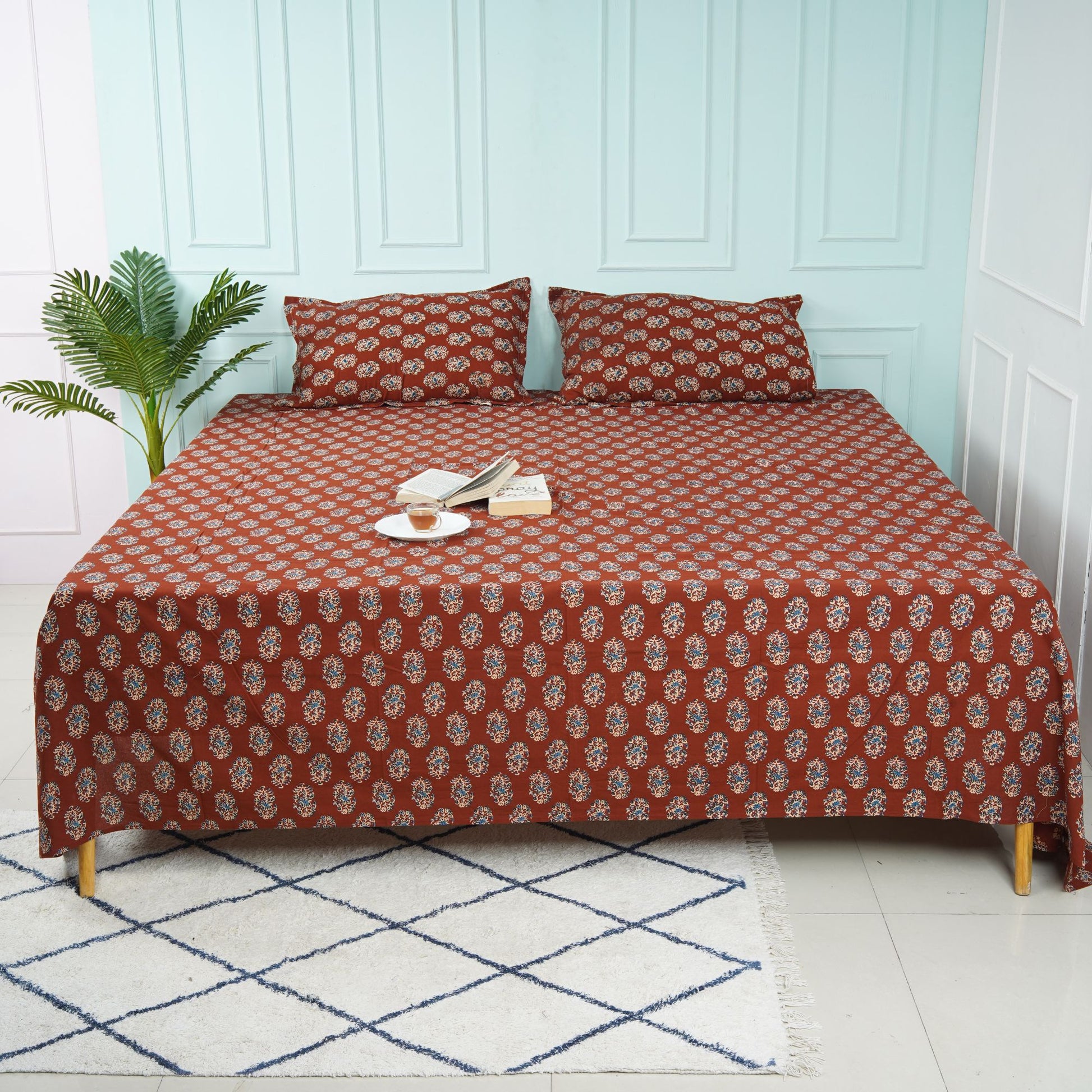Block Print King Size Bedsheet- Red - The Teal Thread