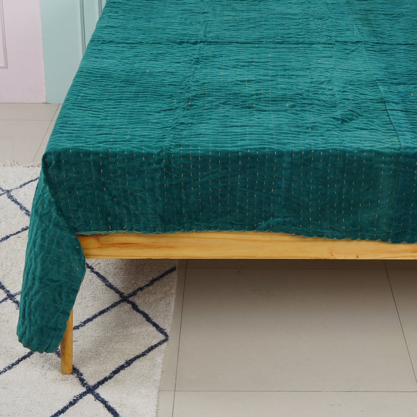 Velvet Kantha Bedcover Green - The Teal Thread