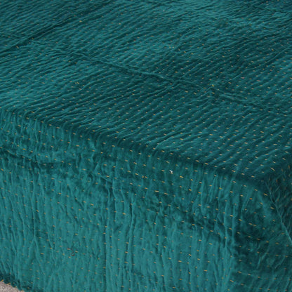 Solid Velvet Kantha Quilted Razai- Green - The Teal Thread