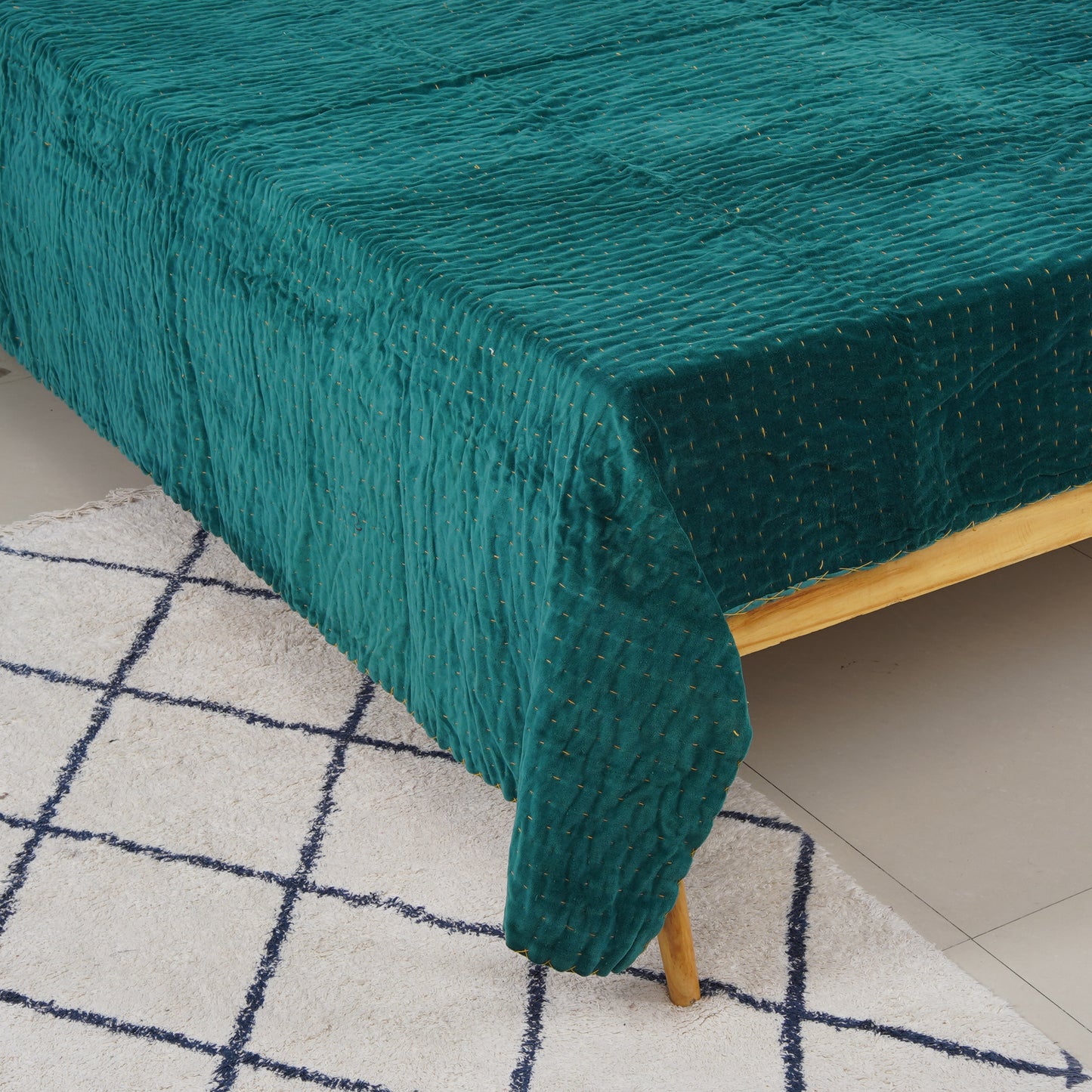 Velvet Kantha Bedcover Green - The Teal Thread