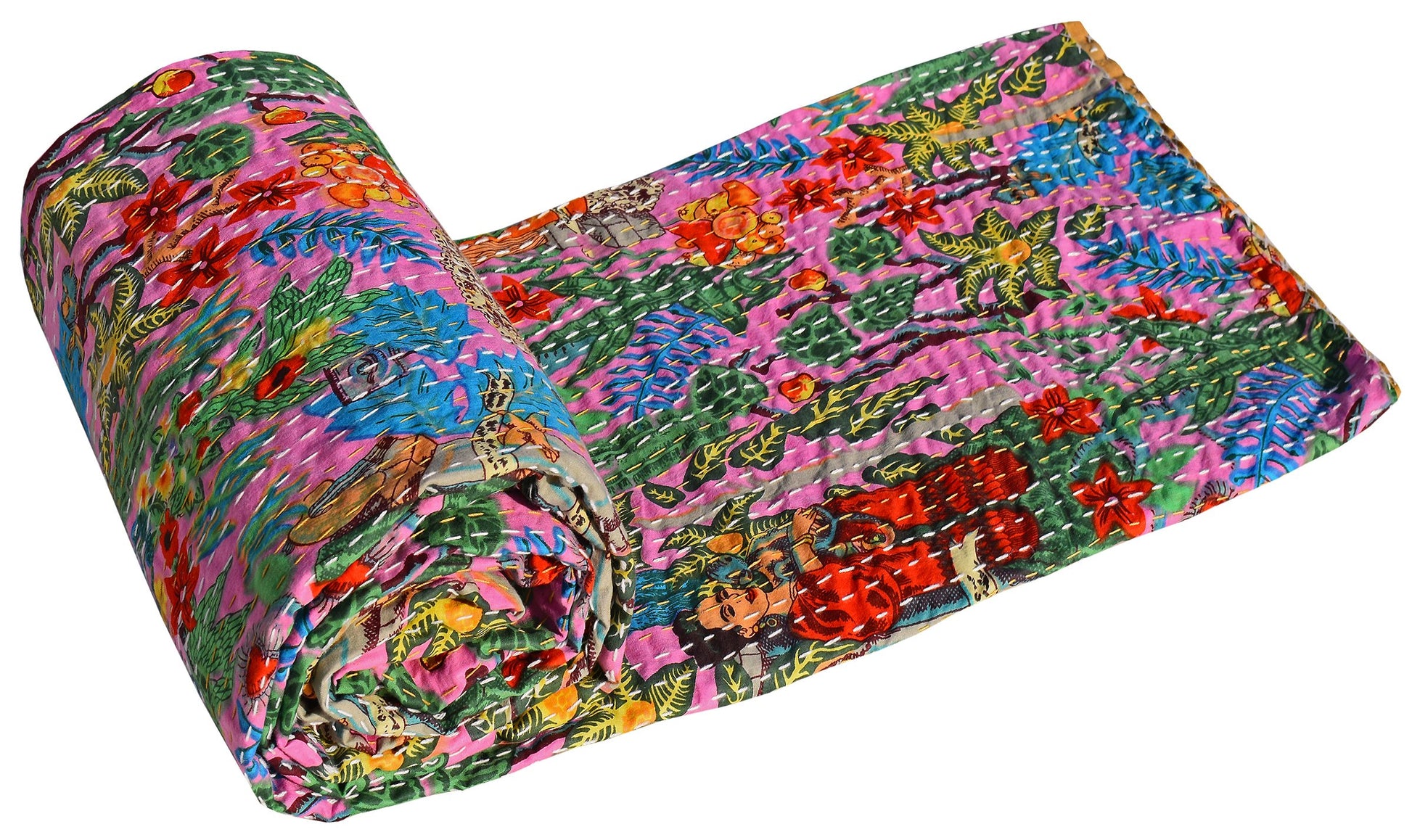Frida Kahlo Kantha Bedcover Pink - The Teal Thread