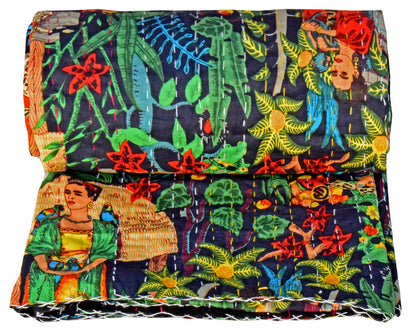 Frida Kahlo Kantha Bedcover Black - The Teal Thread