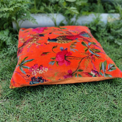 Birds of paradise velvet cushion cover- Orange - The Teal Thread
