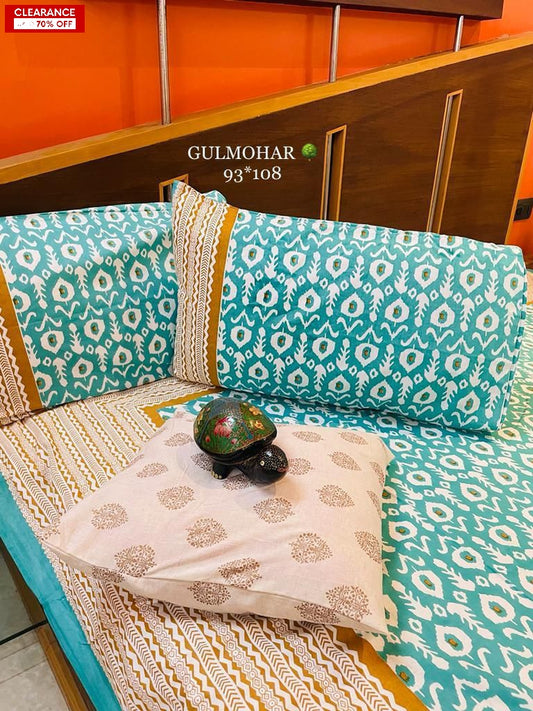 Double Bedsheet Set with pillow covers- Gulmohar Teal - The Teal Thread