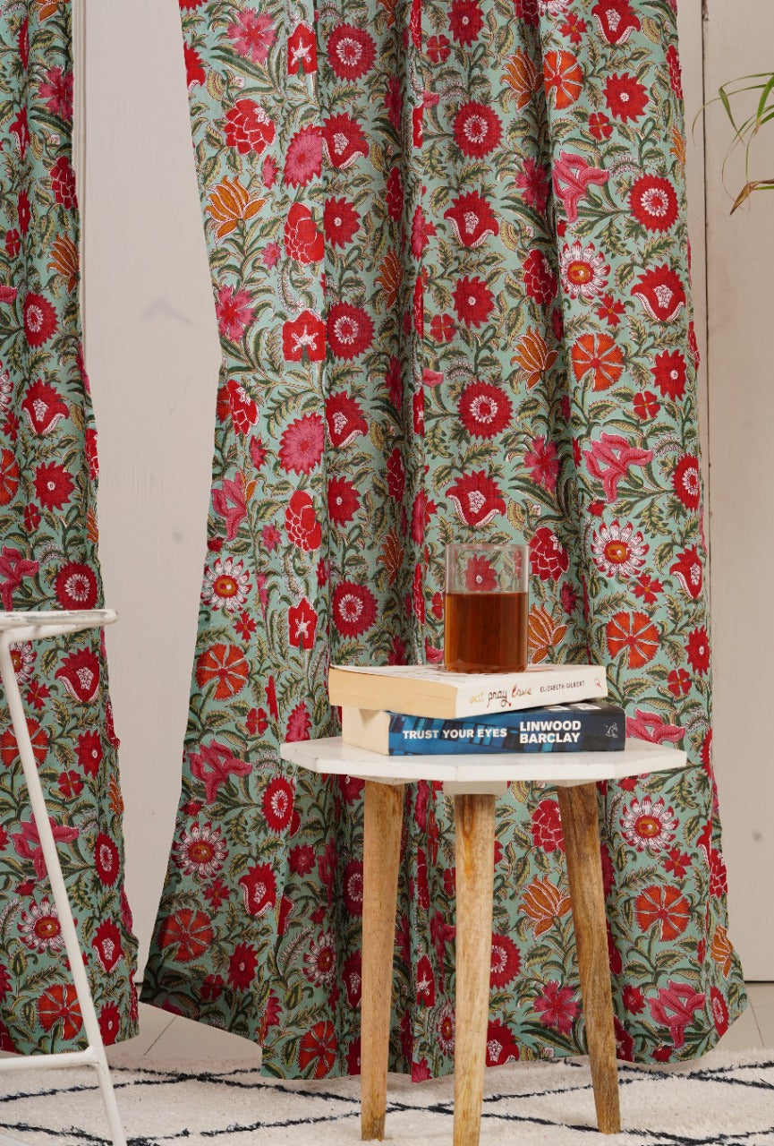 Sheer Curtain Pair Green and Red Floral - The Teal Thread