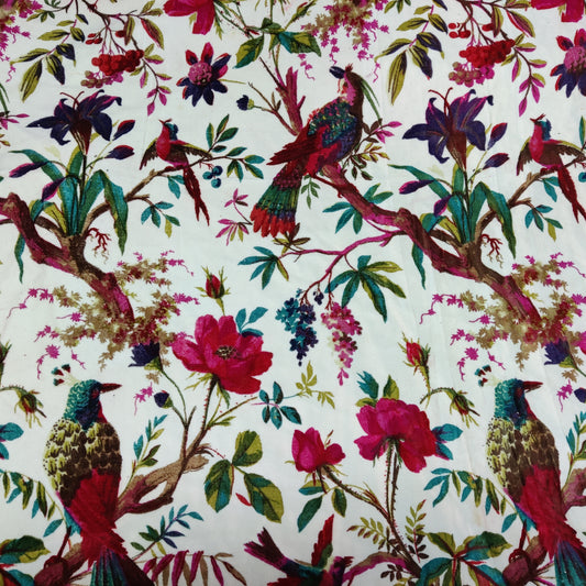 Velvet fabric Birds of Paradise for upholstery-White - The Teal Thread
