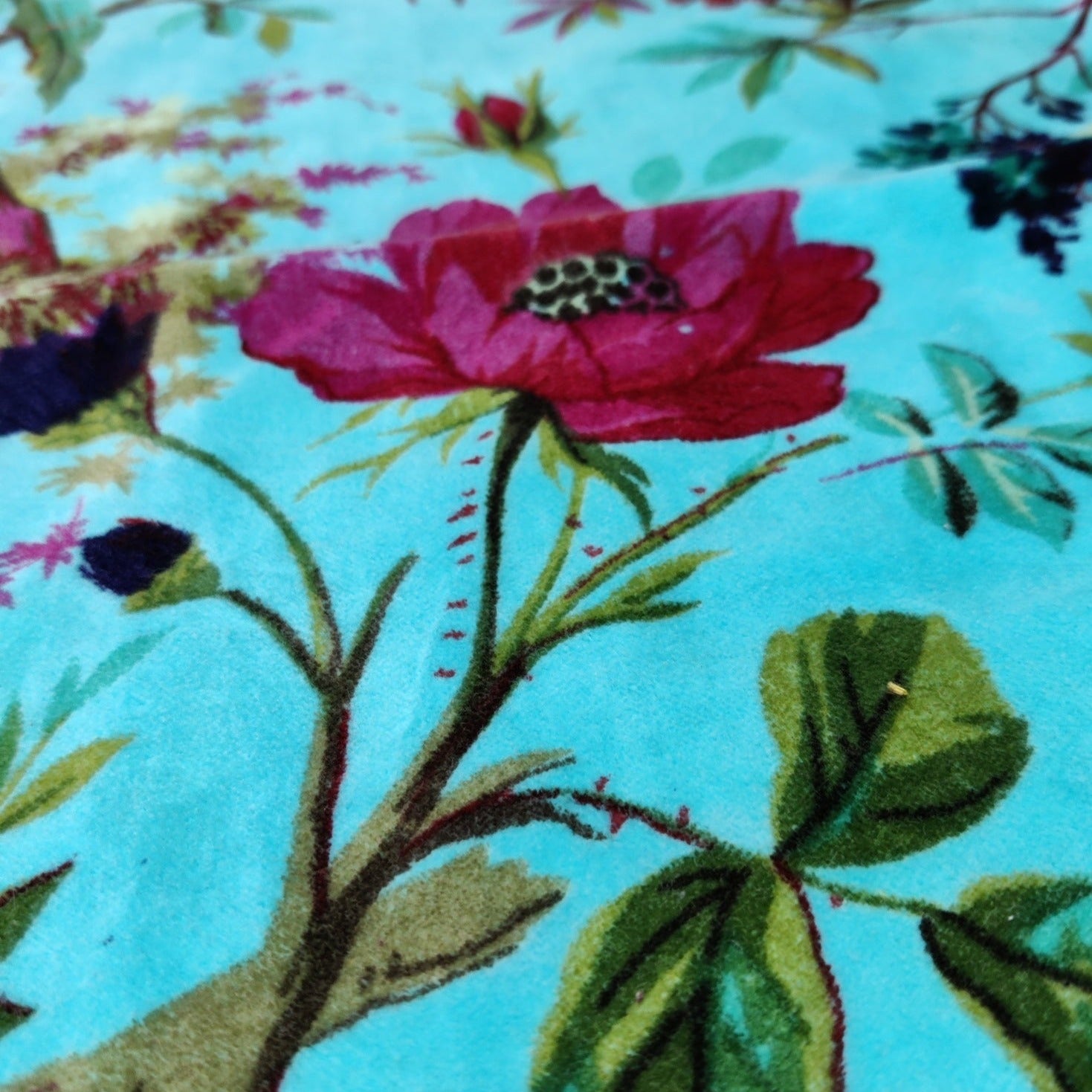 Velvet fabric Birds of Paradise for upholstery- Sky Blue - The Teal Thread