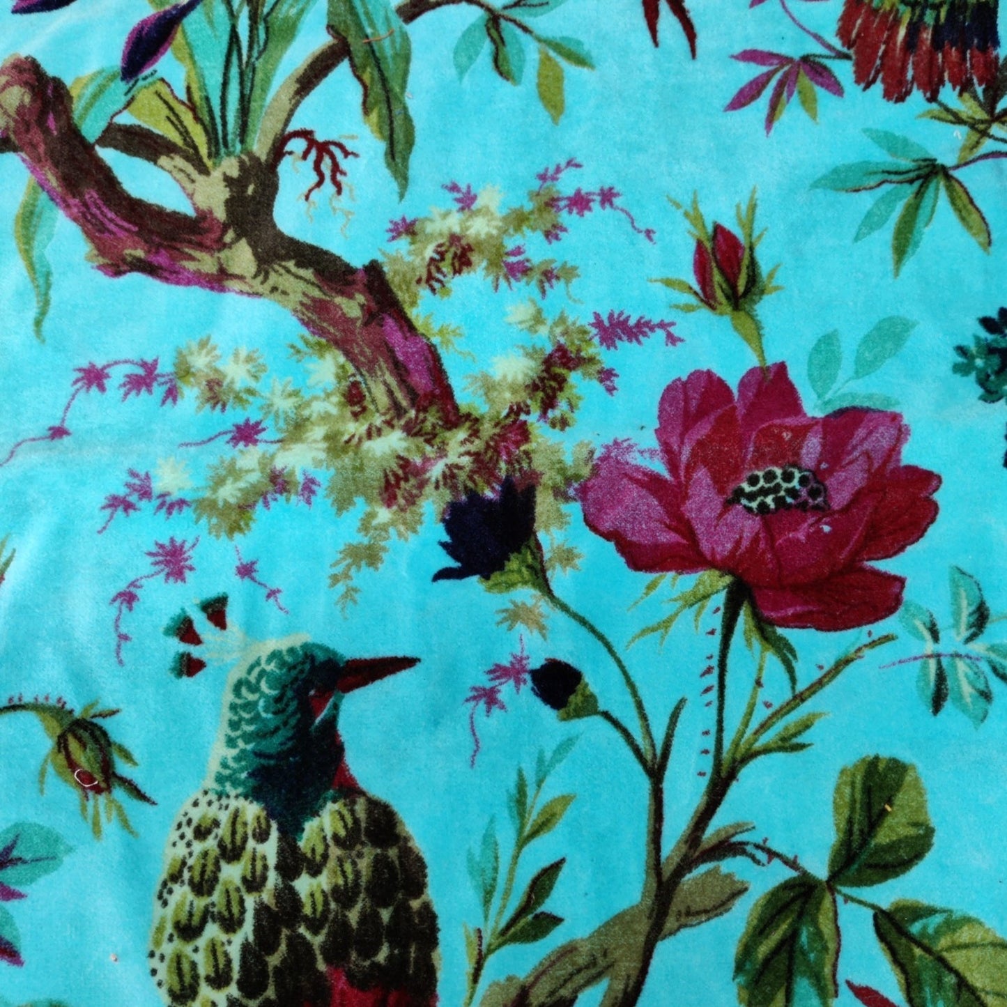 Velvet fabric Birds of Paradise for upholstery- Sky Blue - The Teal Thread