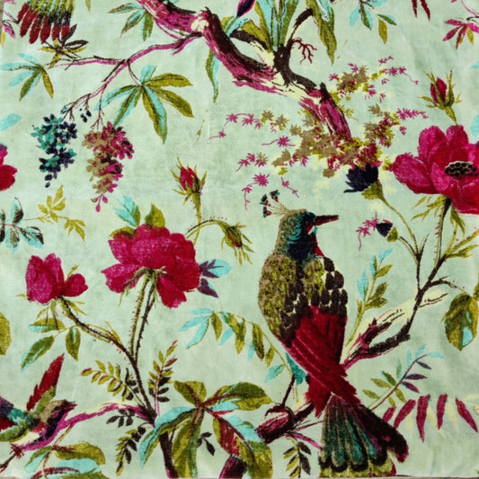 Velvet fabric Birds of Paradise for upholstery- Light Green - The Teal Thread