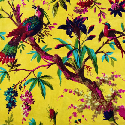 Velvet fabric Birds of Paradise for upholstery-Yellow - The Teal Thread