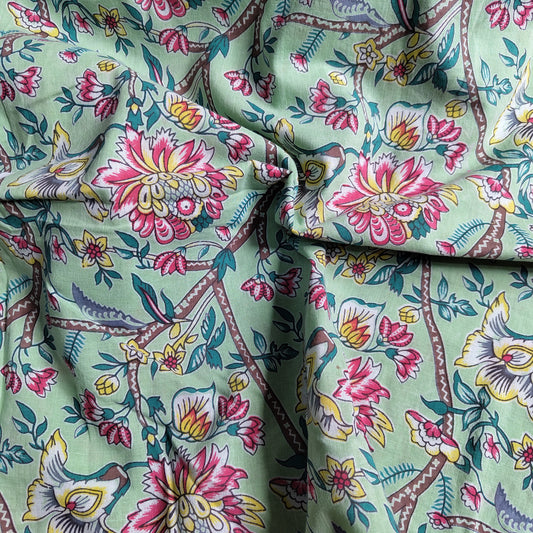 Green Floral cotton cambric width 44 inches Fabric per meter